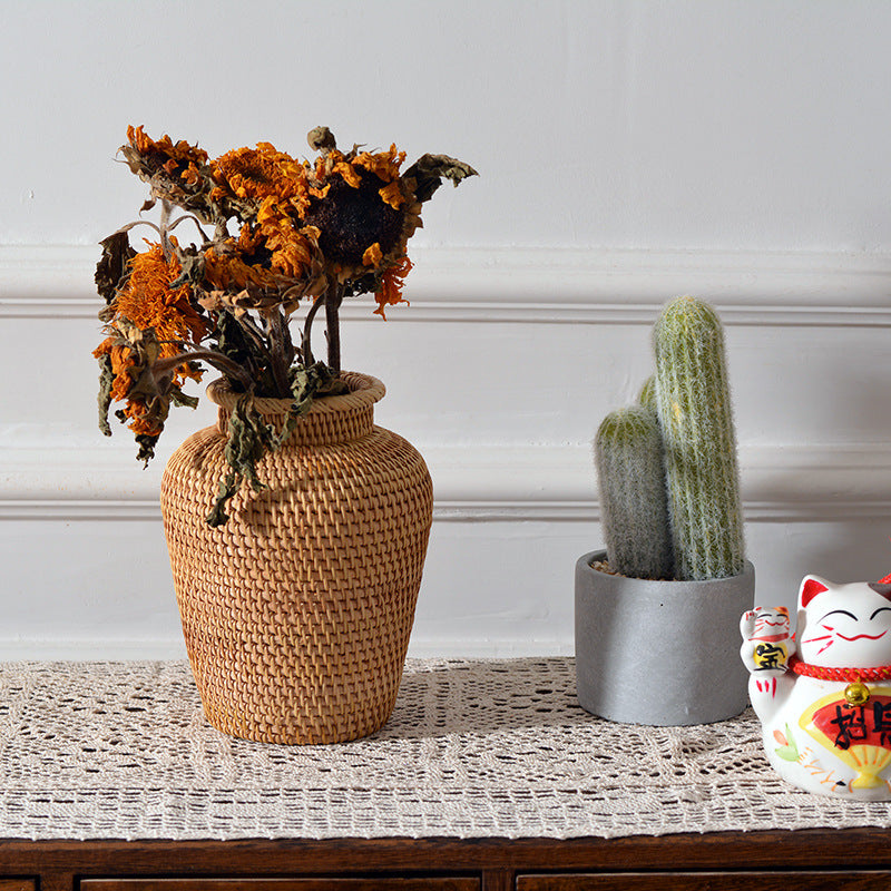 Rattan Woven Dry Flower Vase Tabletop Basket Decor