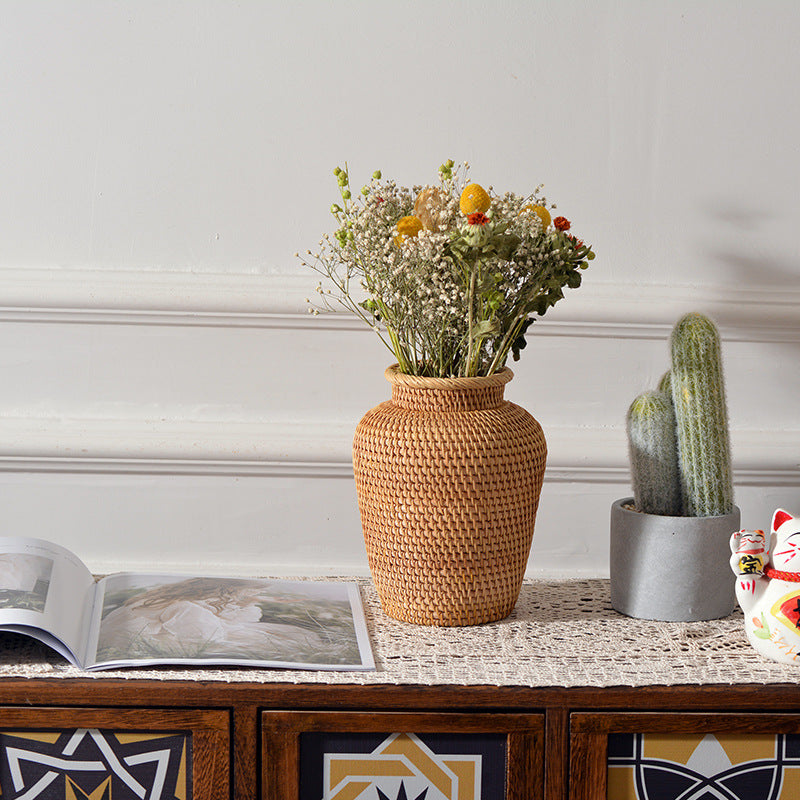 Rattan Woven Dry Flower Vase Tabletop Basket Decor