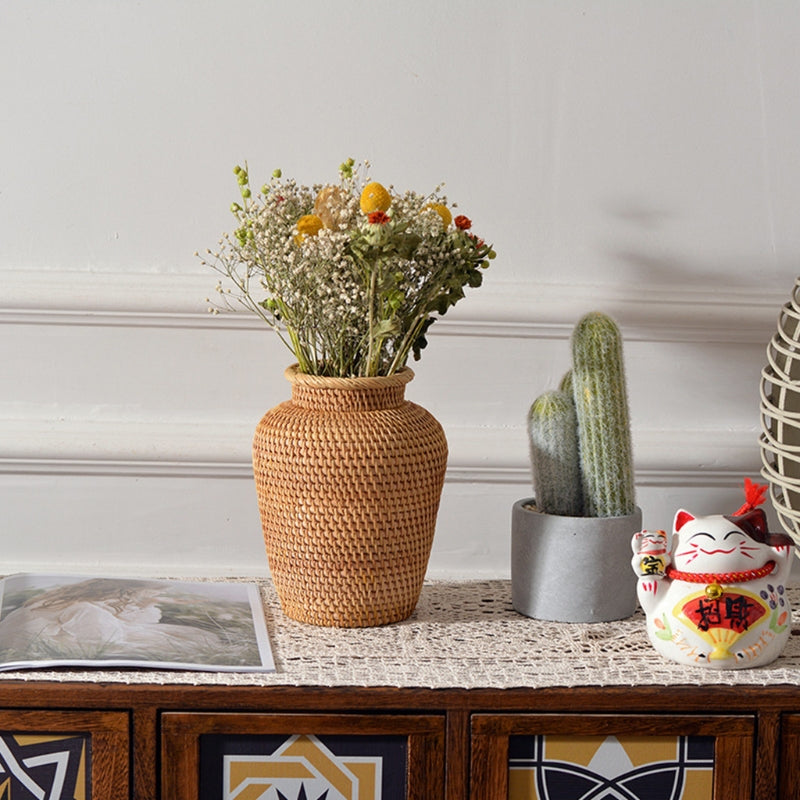 Rattan Woven Dry Flower Vase Tabletop Basket Decor