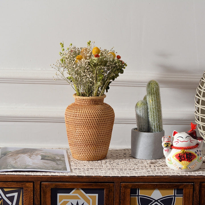 Rattan Woven Dry Flower Vase Tabletop Basket Decor