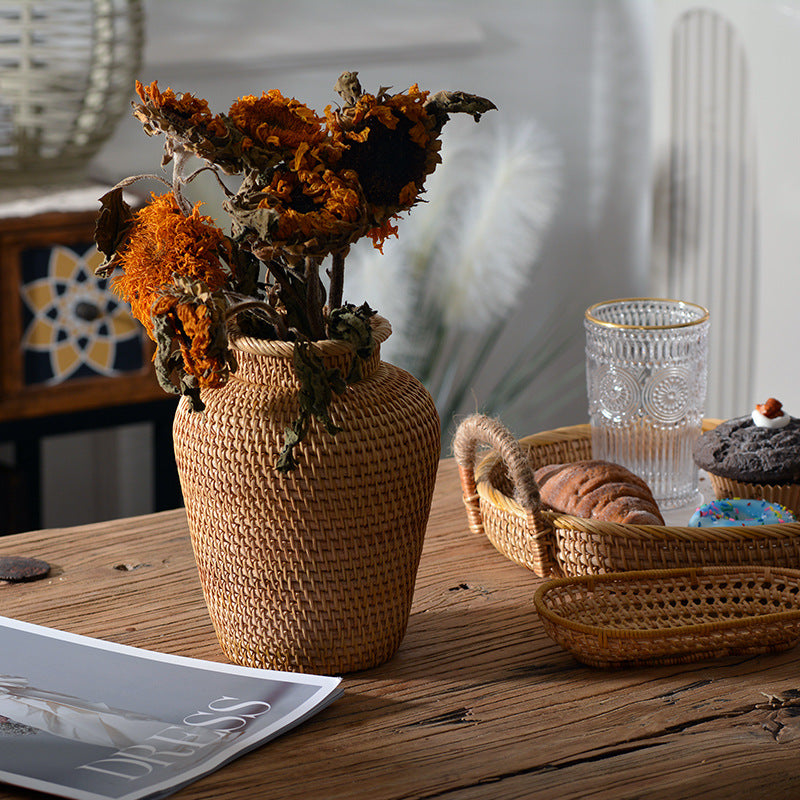 Rattan Woven Dry Flower Vase Tabletop Basket Decor