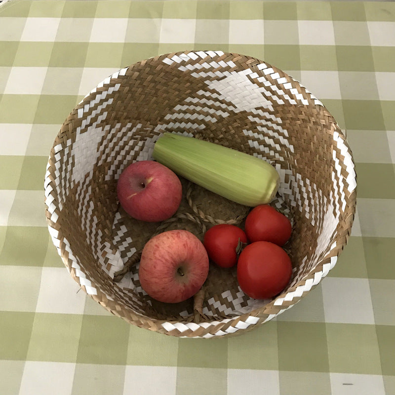 Straw Woven Fruit Basket Kitchen Decor Foldable