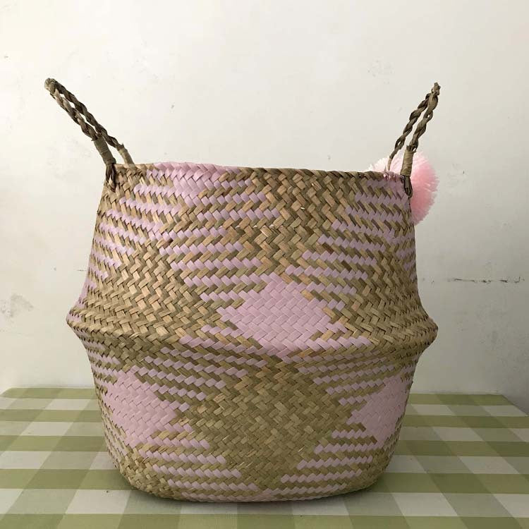 Straw Woven Fruit Basket Kitchen Decor Foldable